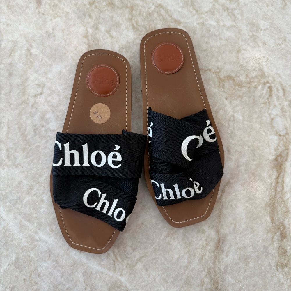 Chloé Woody Flat Logo Ribbon Slide Sandals size 37